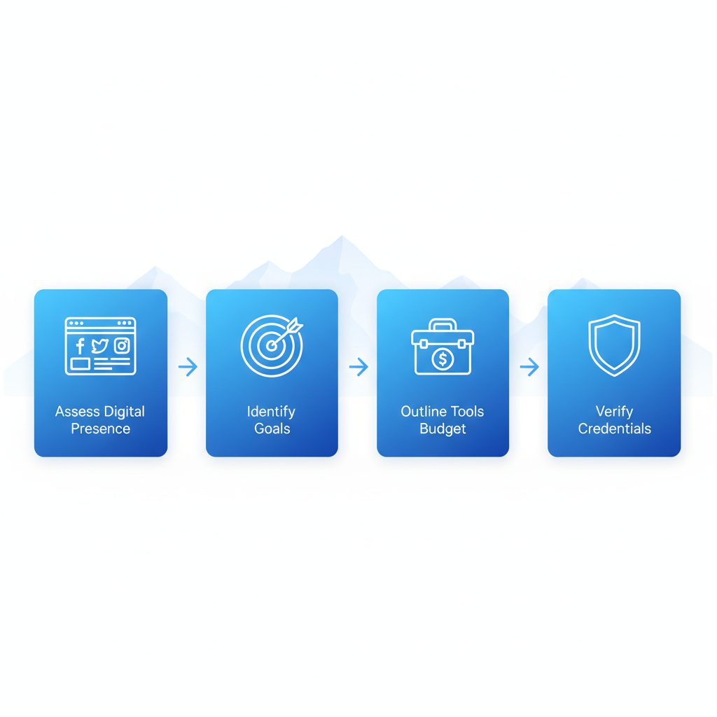 Horizontal process flow diagram illustrating four key preparation steps for content marketing in construction: assessing digital presence, identifying business goals, outlining tools and budget, verifying credentials, with icons and connecting arrows.
