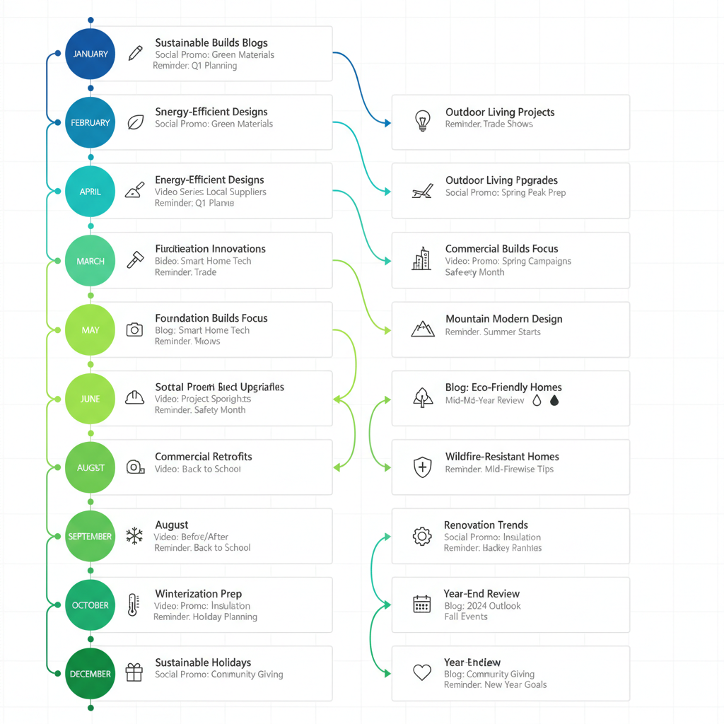 Vertical timeline of a 12-month content calendar for construction companies, featuring monthly themes, icons, and Colorado seasonal events.