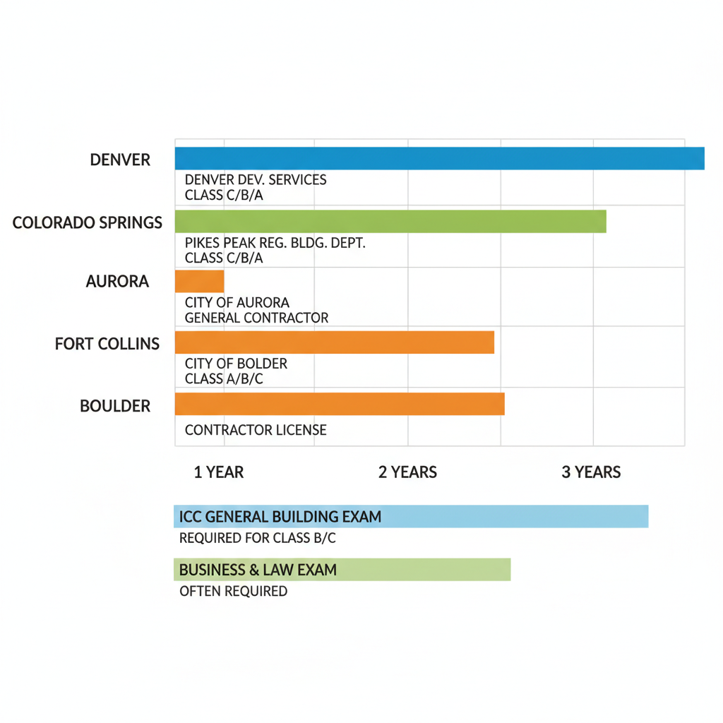 Horizontal bar chart comparing contractor licensing renewal cycles and exam types in major Colorado areas