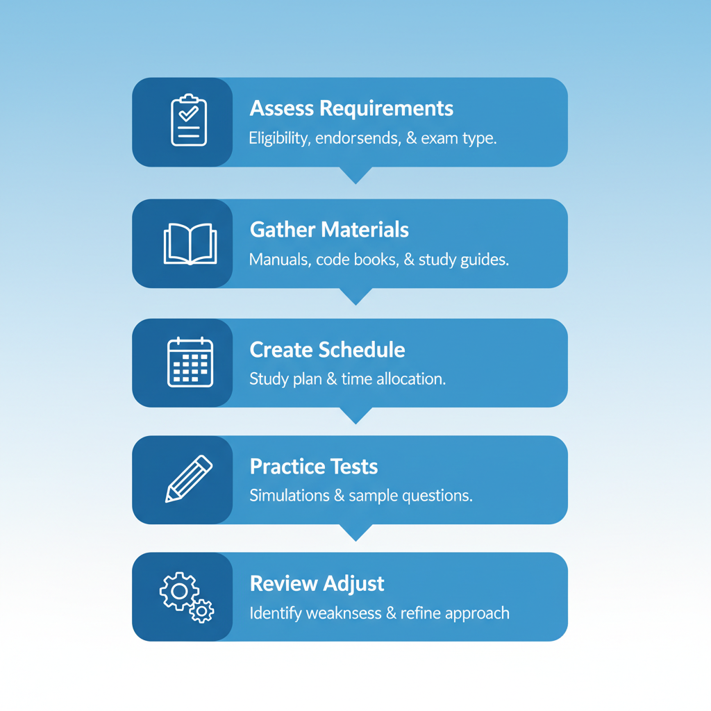 Vertical process flow diagram illustrating 5 key steps for preparing for the Colorado contractor license exam with icons and labels