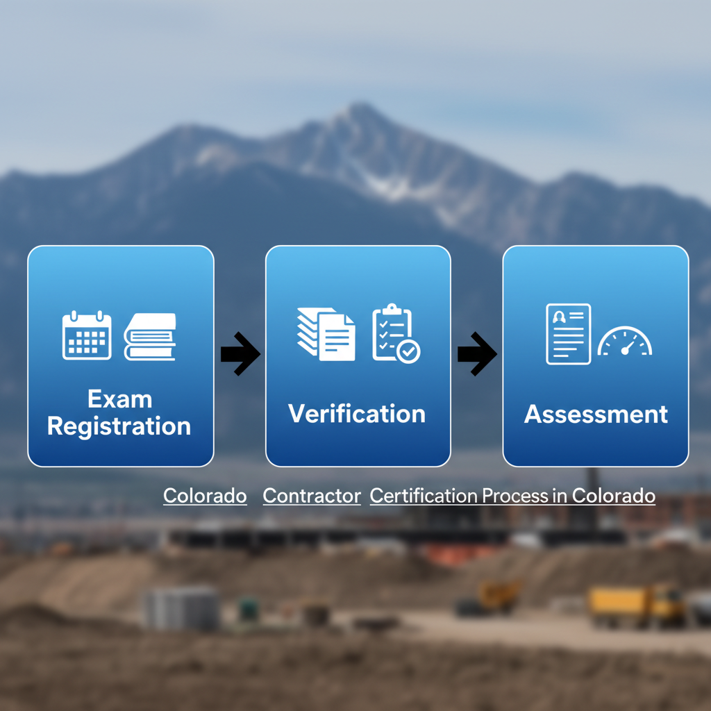 Horizontal process flow diagram illustrating the three stages of contractor certification: exam registration and preparation, verification and documentation, assessment and scoring.