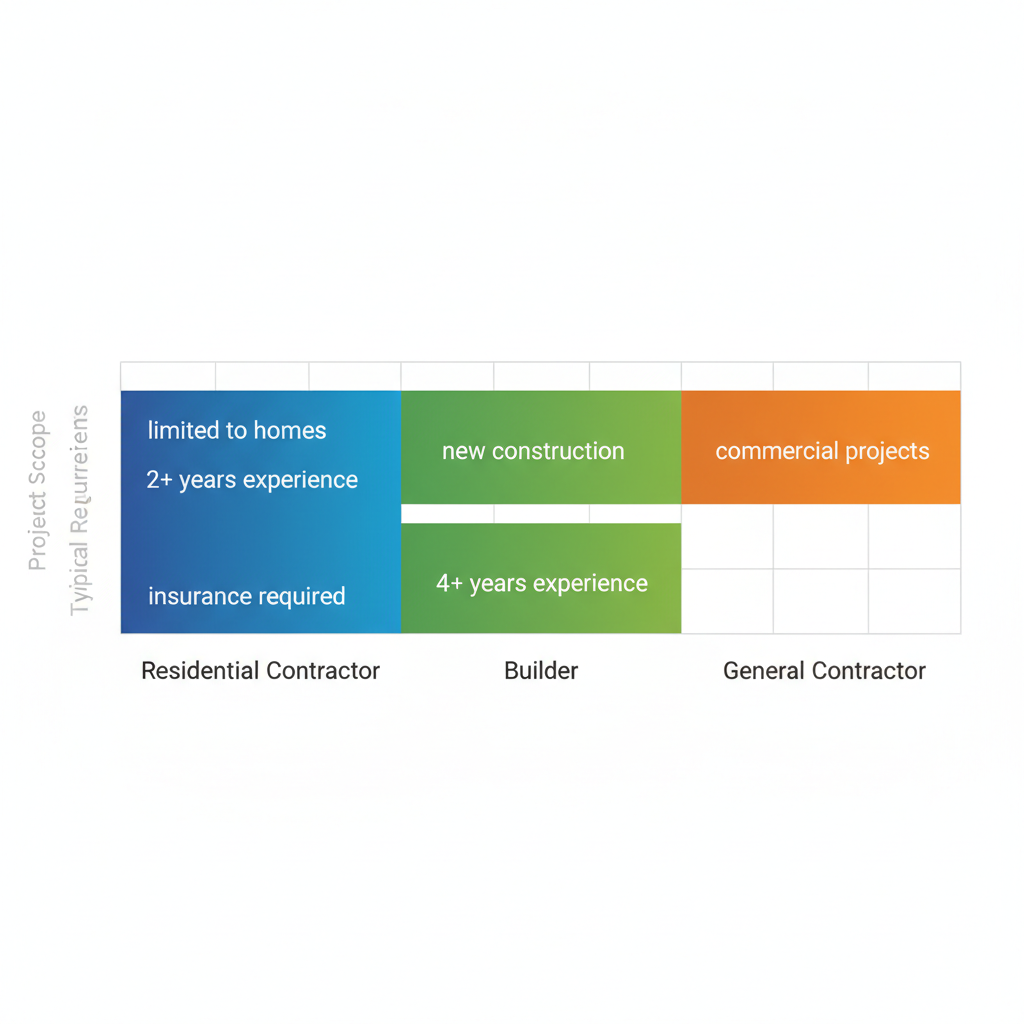Horizontal bar chart comparing Residential, Builder, and General Contractor license classes in Colorado with project scopes and requirements.