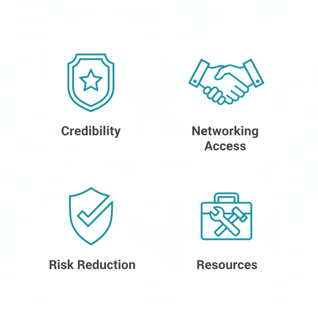 Grid of four icons illustrating certification benefits: badge for credibility, handshake for networking, shield for risk reduction, toolbox for resources.