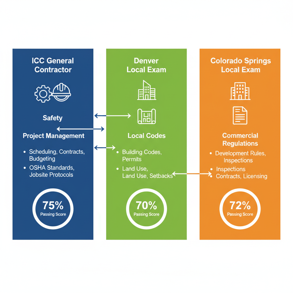 Infographic comparing ICC General Contractor exam requirements with local exams in Denver and Colorado Springs, highlighting topics and passing scores.