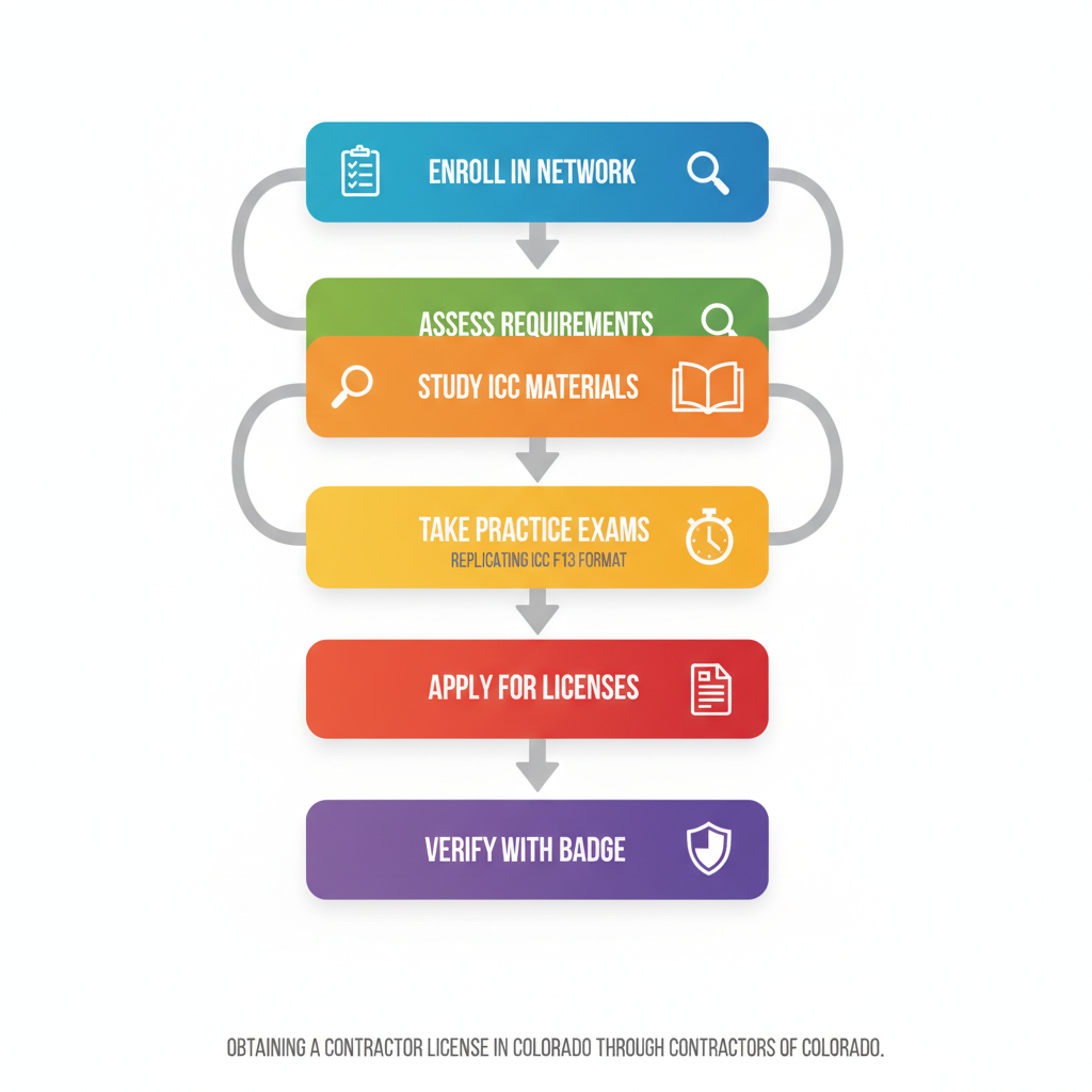 Vertical diagram illustrating six steps to obtain a contractor license in Colorado