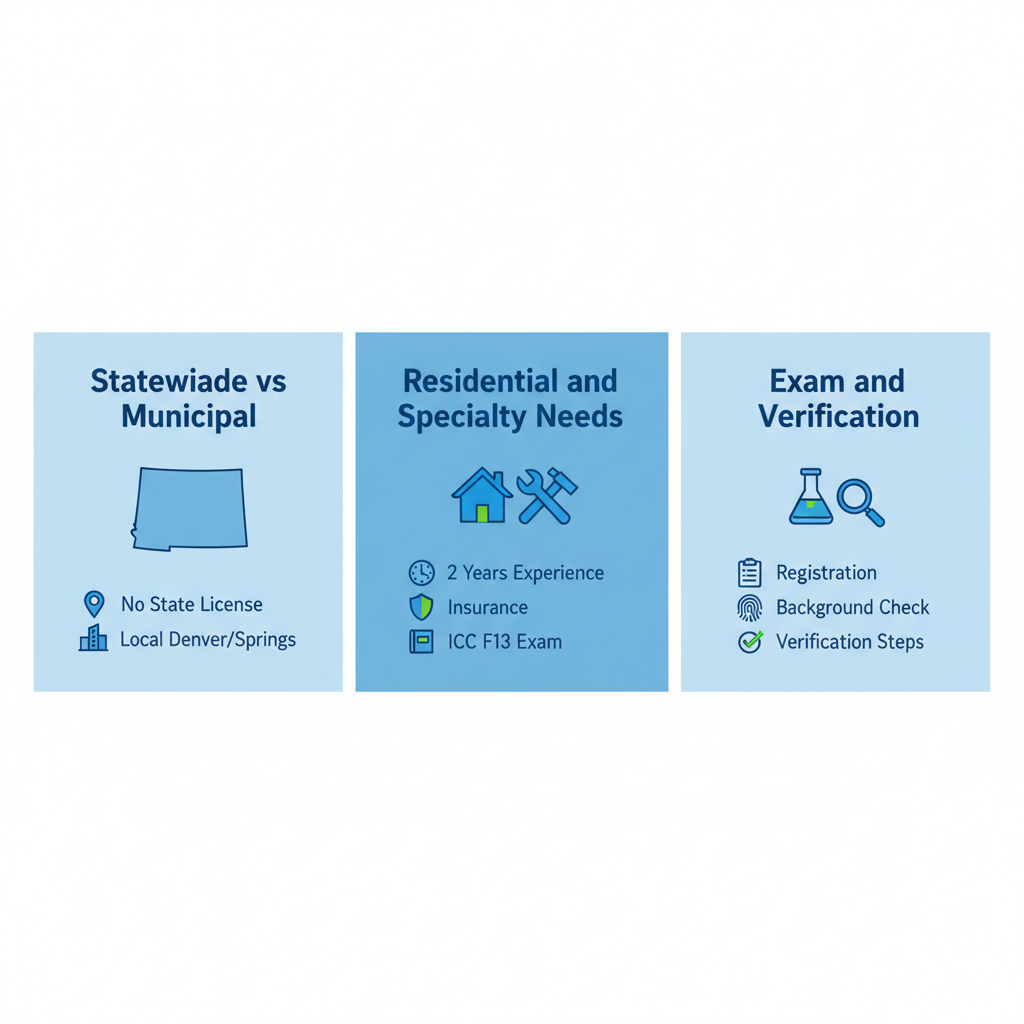 Infographic outlining key licensing requirements for contractors in Colorado including local registrations, experience, and exams