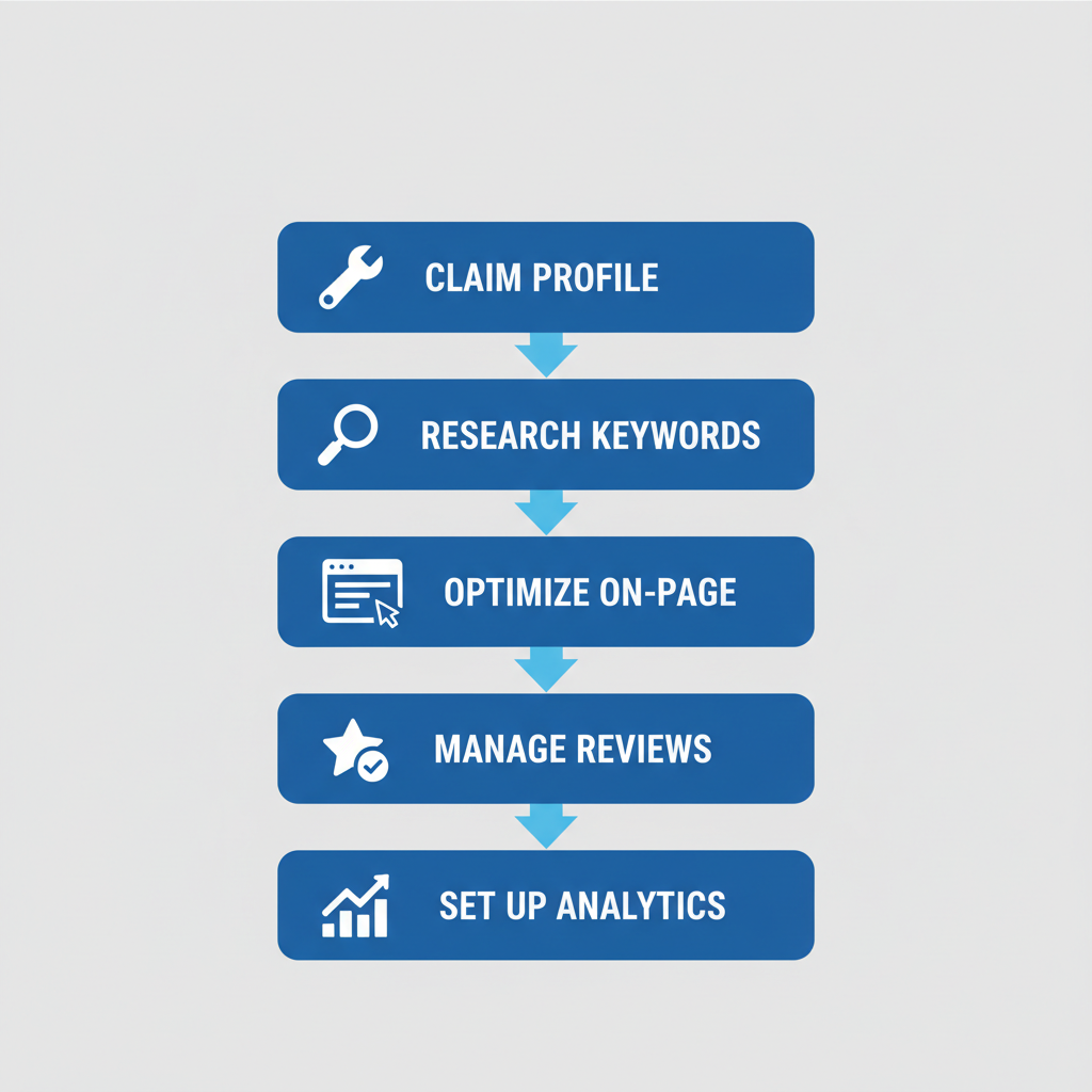 Vertical process flow diagram illustrating steps to optimize local SEO for Colorado contractors