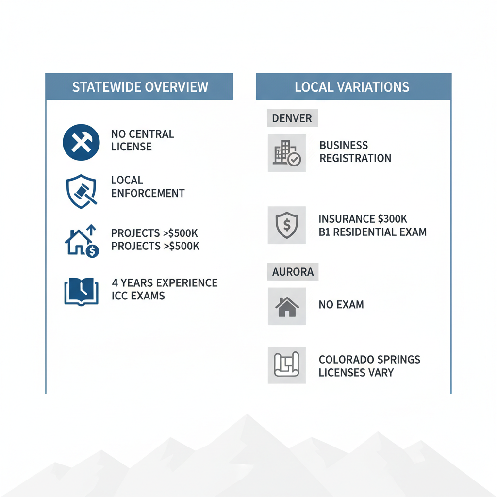 Infographic outlining general contractor license requirements in Colorado, comparing statewide and local rules