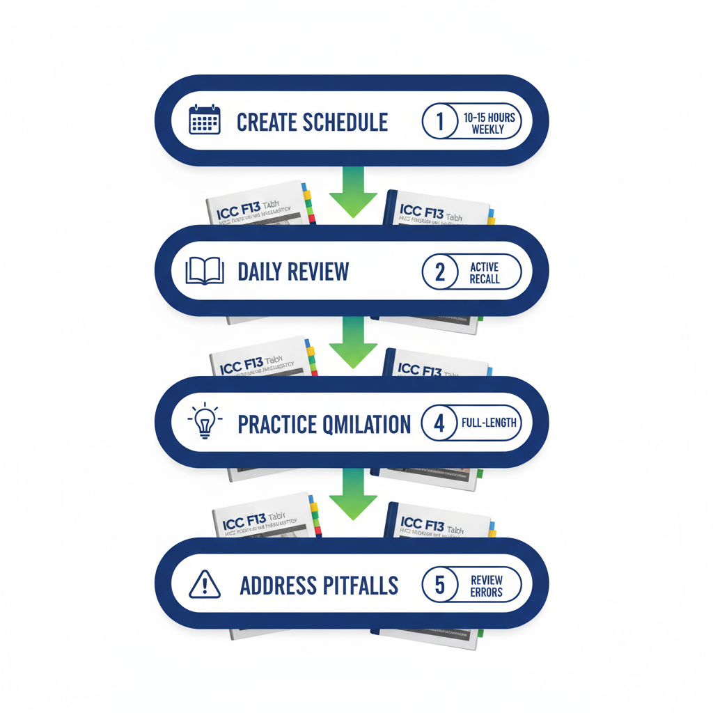 Vertical process flow diagram illustrating five best practices for preparing for the GC license exam with icons and minimal labels