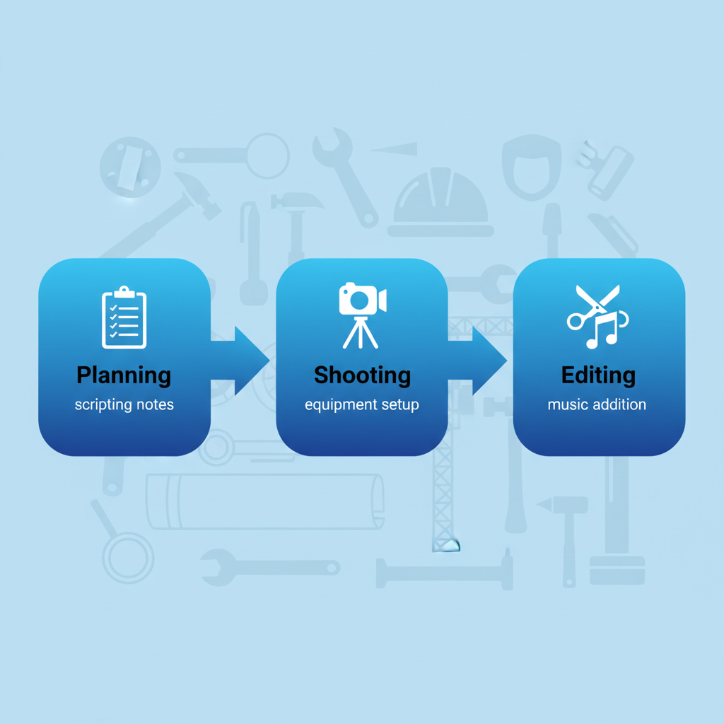 Horizontal process flow diagram illustrating video creation stages: planning, shooting, and editing for contractors.