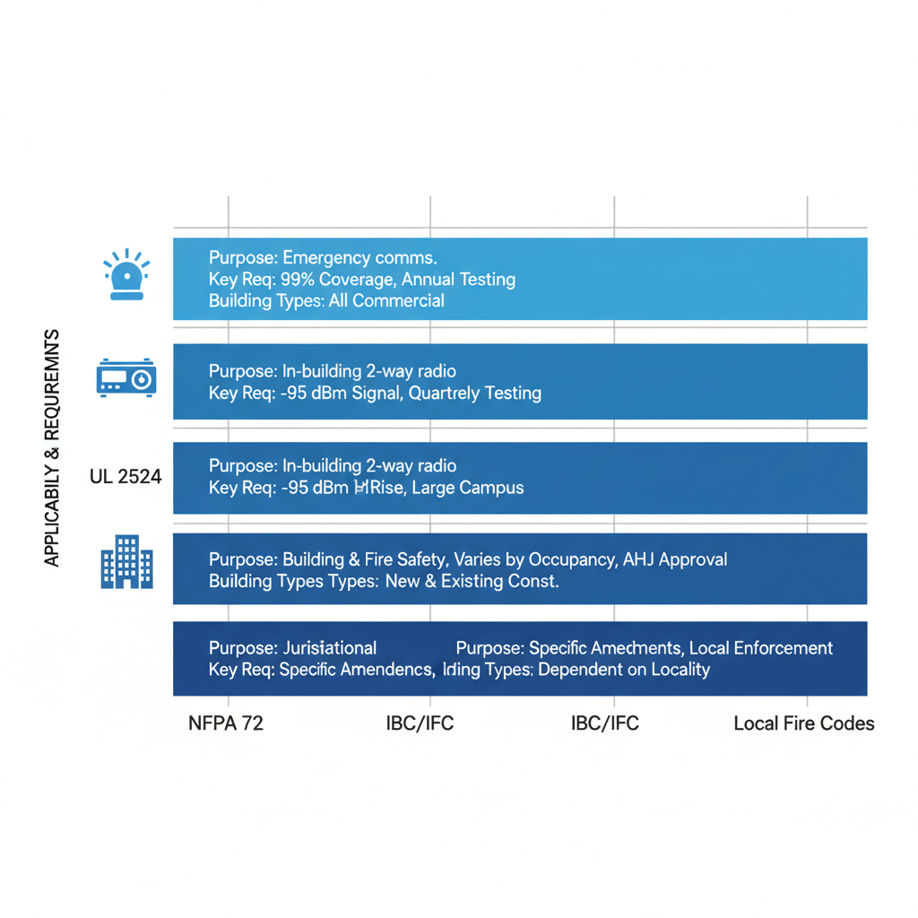 Horizontal bar chart comparing ERCES standards NFPA 72, UL 2524, IBC/IFC, and local fire codes with icons and requirement labels