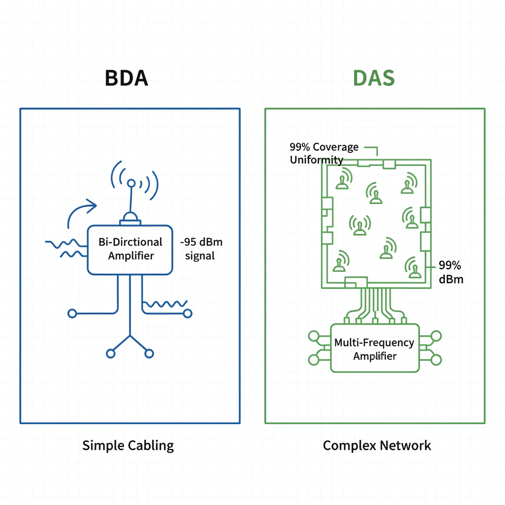 Infographic comparing key components and metrics of BDA and DAS communication systems