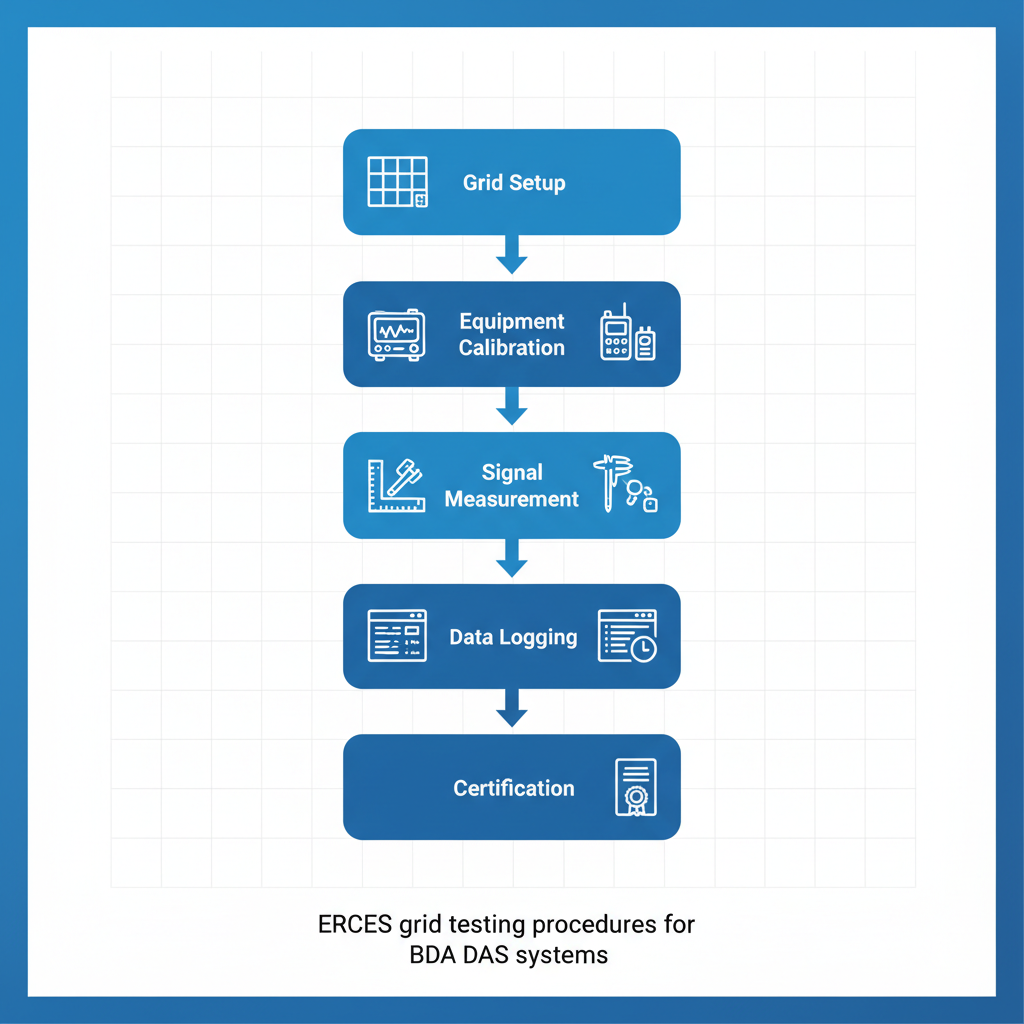 Vertical process flow diagram illustrating ERCES grid testing procedures in five steps for BDA DAS verification.