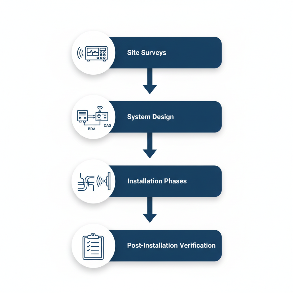 Vertical process flow diagram illustrating ERCES implementation steps for building compliance