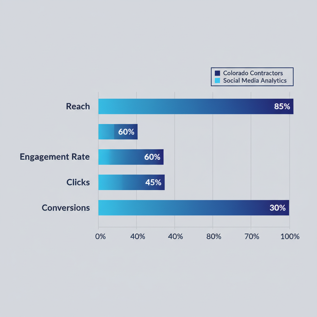 Horizontal bar chart displaying social media metrics for contractors: Reach at 85%, Engagement Rate at 60%, Clicks at 45%, and Conversions at 30%.