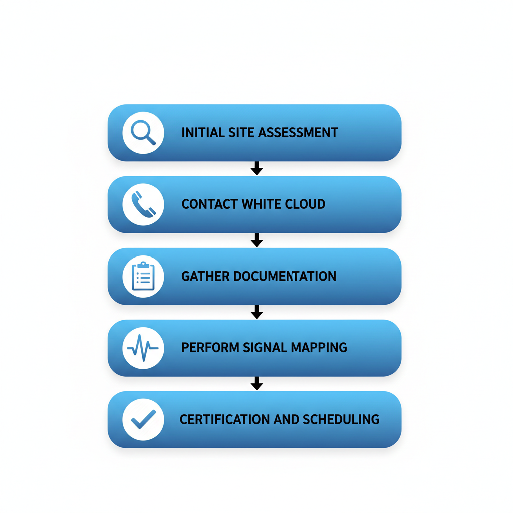 Vertical process flow illustrating five steps for initiating ERCES maintenance in Pocatello, from site assessment to certification.