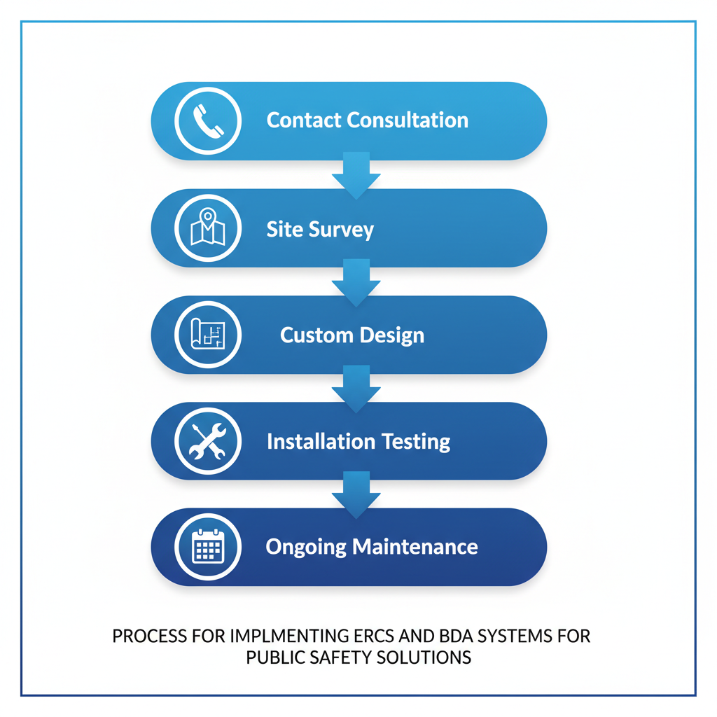 Vertical process flow illustrating five steps to implement ERCS and BDA systems: contact for consultation, site survey, custom design, installation and testing, ongoing maintenance.
