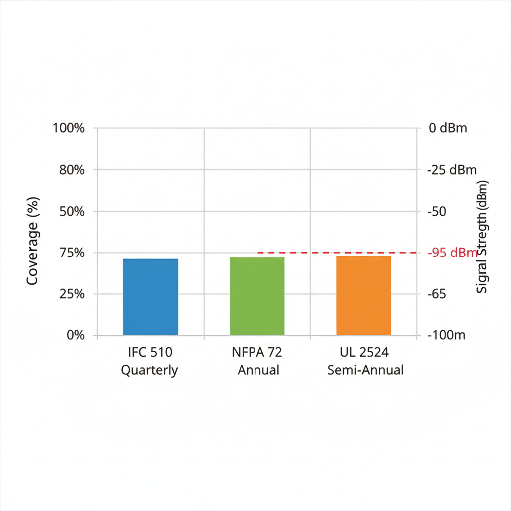 Horizontal bar chart illustrating comparison of coverage requirements and signal thresholds for IFC 510, NFPA 72, and UL 2524 ERRCS standards