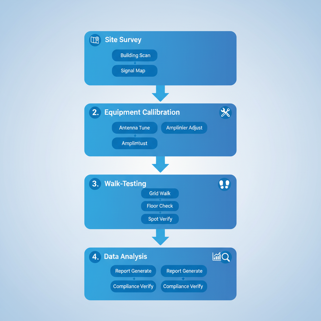 Accessibility diagram of vertical process flow illustrating four stages of ERRCS testing procedures: site survey and preparation, equipment calibration, full-building walk-testing, and data analysis with reporting, featuring icons and arrows.