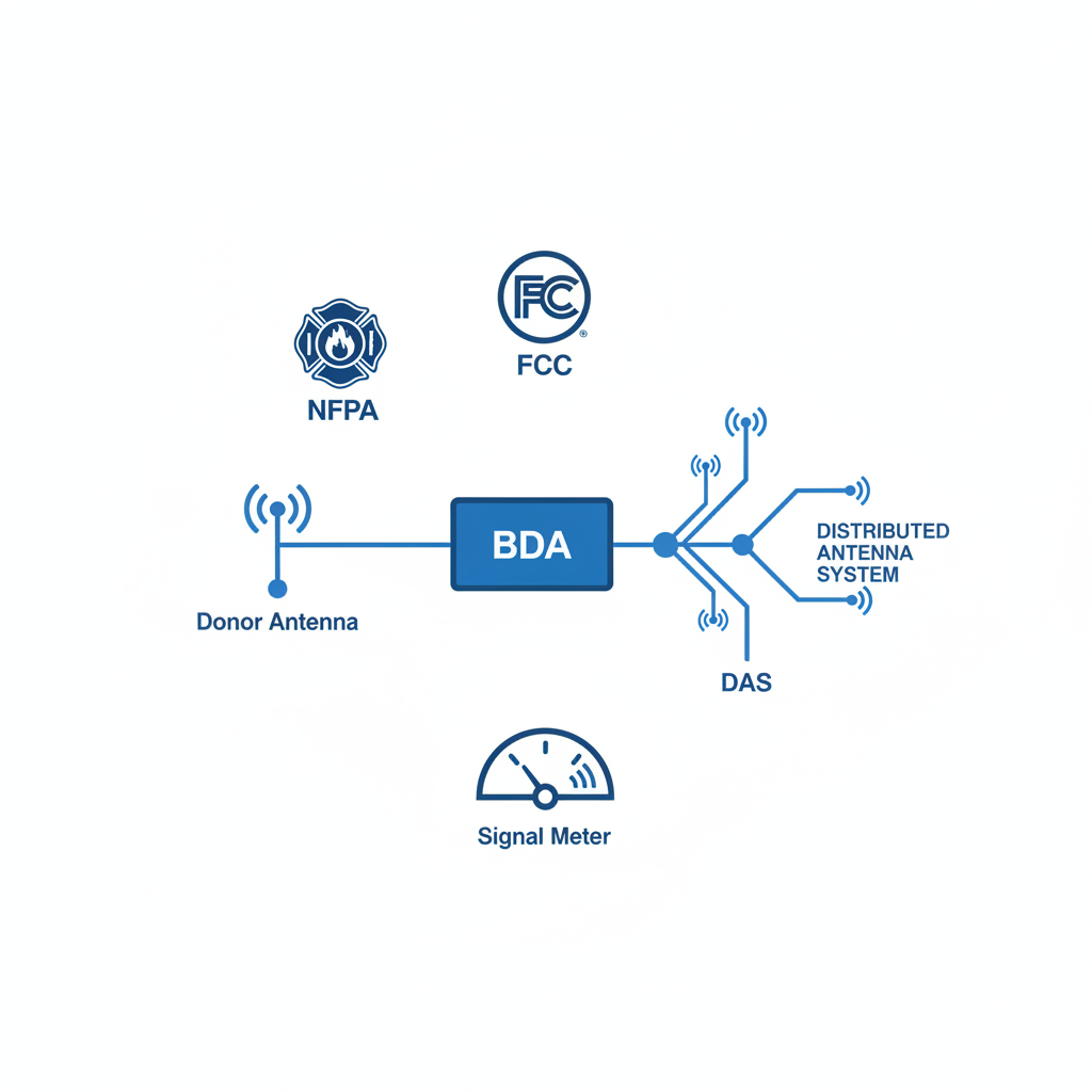 Infographic illustrating core components of ERCES systems including BDA amplifiers, donor antennas, DAS infrastructure, and regulatory icons for maintenance testing in Idaho Falls facilities