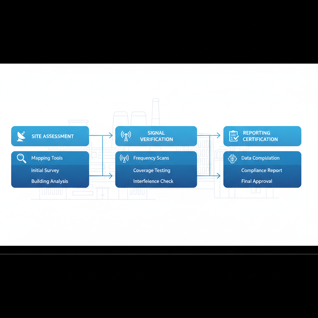Horizontal process flow diagram outlining the three main stages of ERCES testing: site assessment, signal verification, and reporting certification