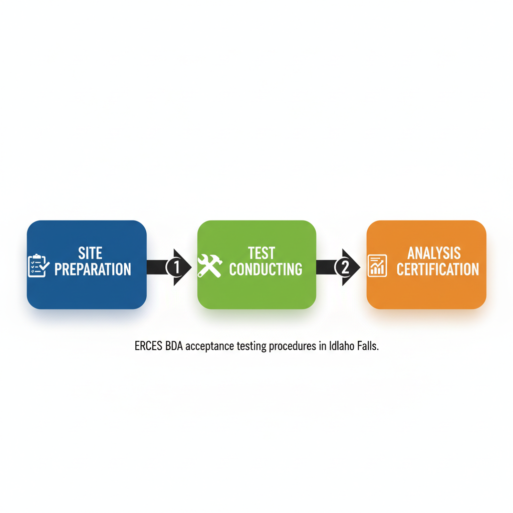 Horizontal process flow diagram illustrating the three stages of ERCES testing: site preparation, test conducting, and analysis certification with icons and arrows.