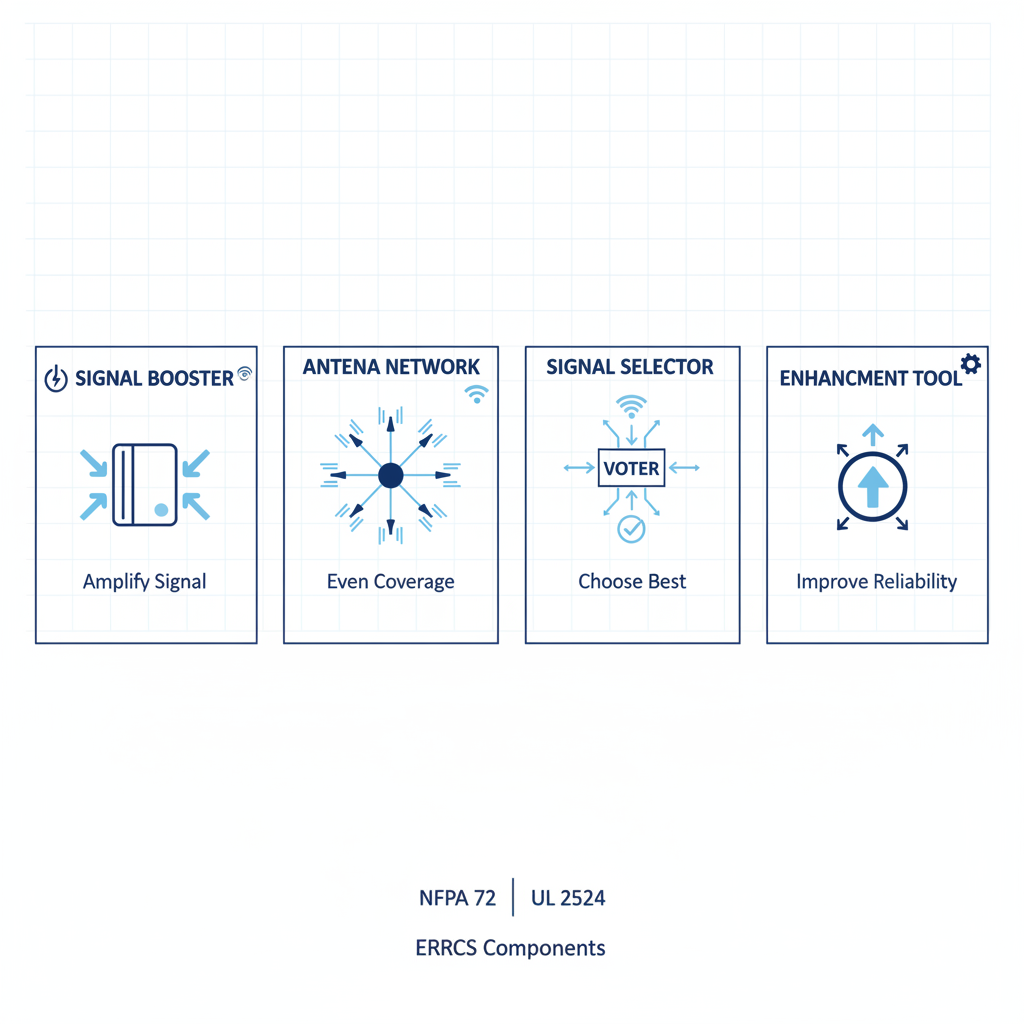 Infographic depicting four key ERRCS components: BDA, DAS, Voter Panels, and Signal Boosters with functions and NFPA 72 compliance note