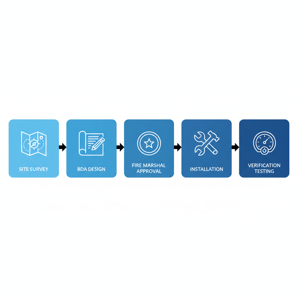 Horizontal process flow illustrating ERRCS implementation steps: site survey, BDA design, approval, installation, and verification testing