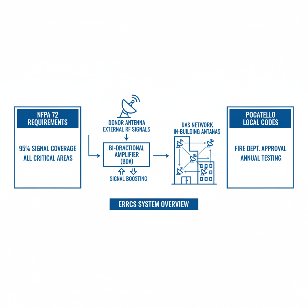 Infographic depicting essential components of Emergency Responder Radio Coverage Systems including donor antenna, BDA, DAS network, and coverage standards