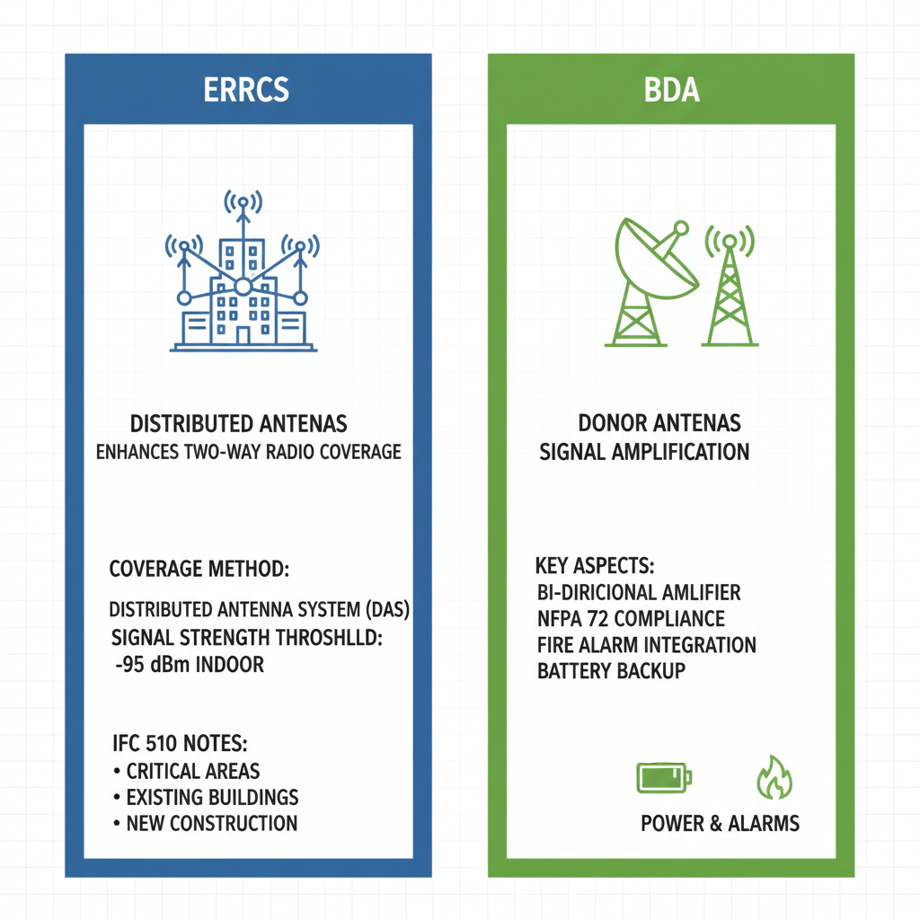 Infographic comparing ERRCS and BDA systems for fire code compliance with icons and key metrics