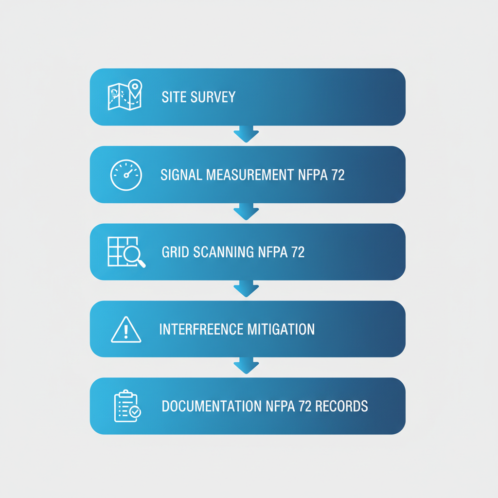 Vertical process flow diagram illustrating five steps of ERRCS testing protocols for in-building wireless systems.