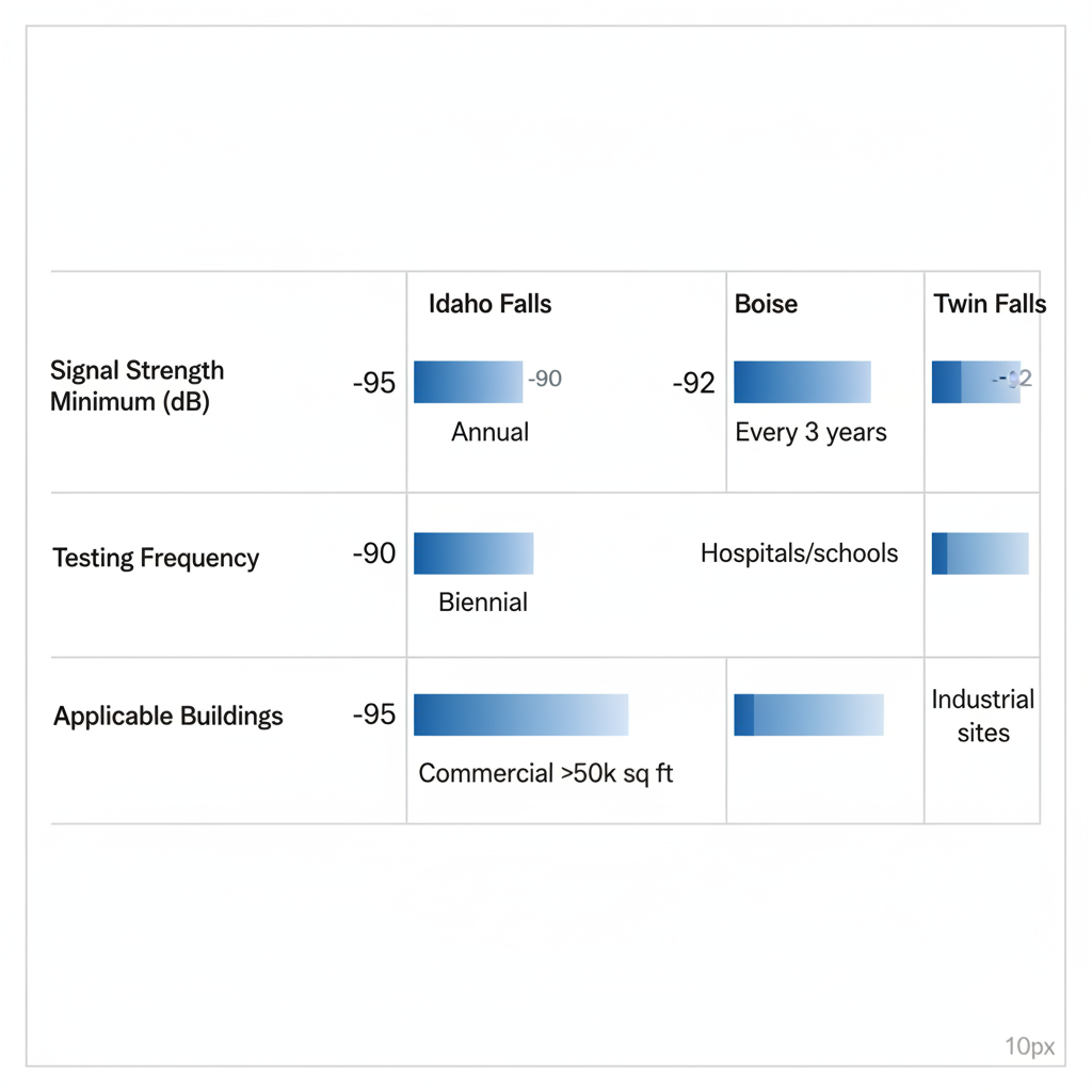 Infographic comparing ERRCS requirements including signal strength, testing frequency, and applicable buildings across Idaho Falls, Boise, and Twin Falls