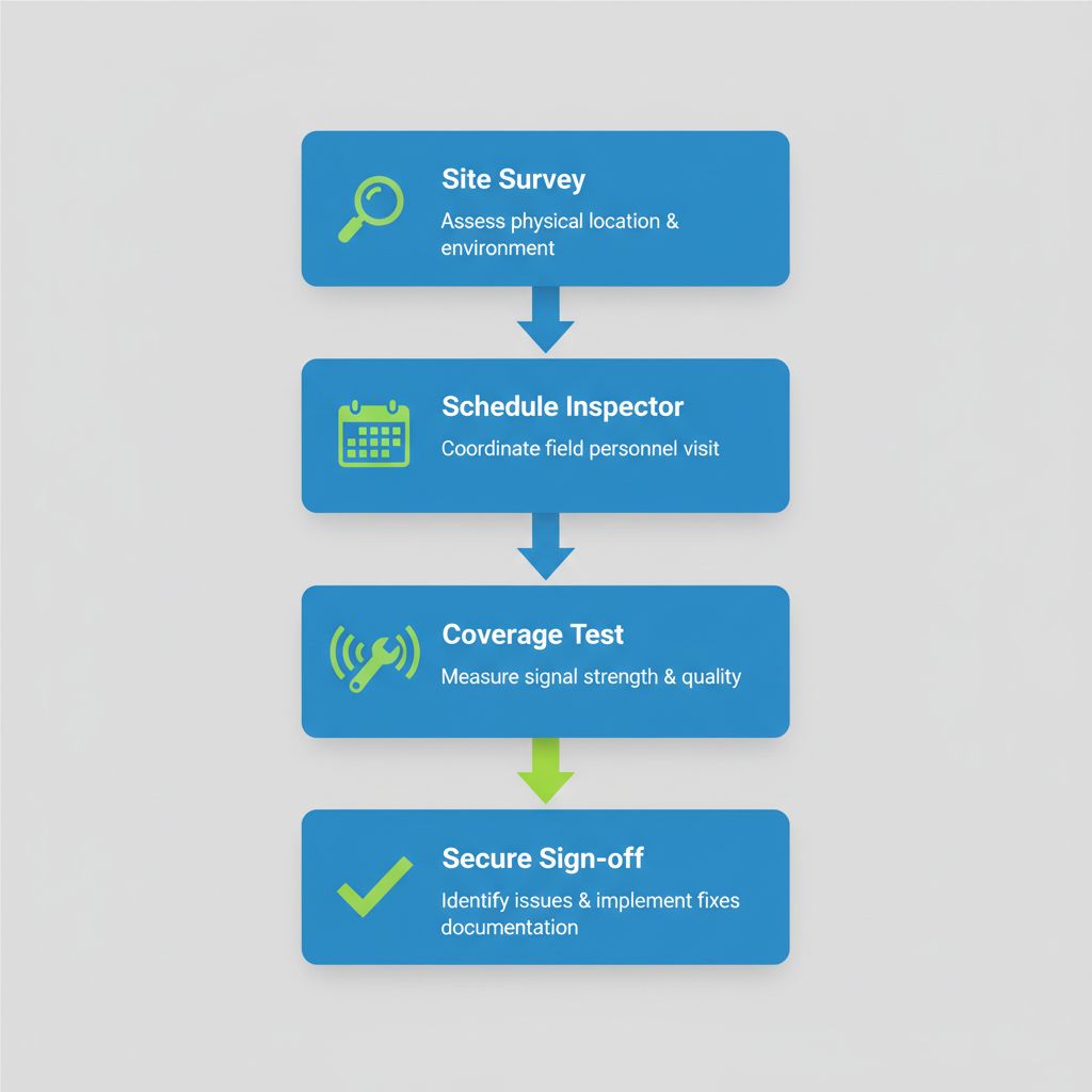 Vertical process flow diagram outlining steps for radio signal testing and compliance