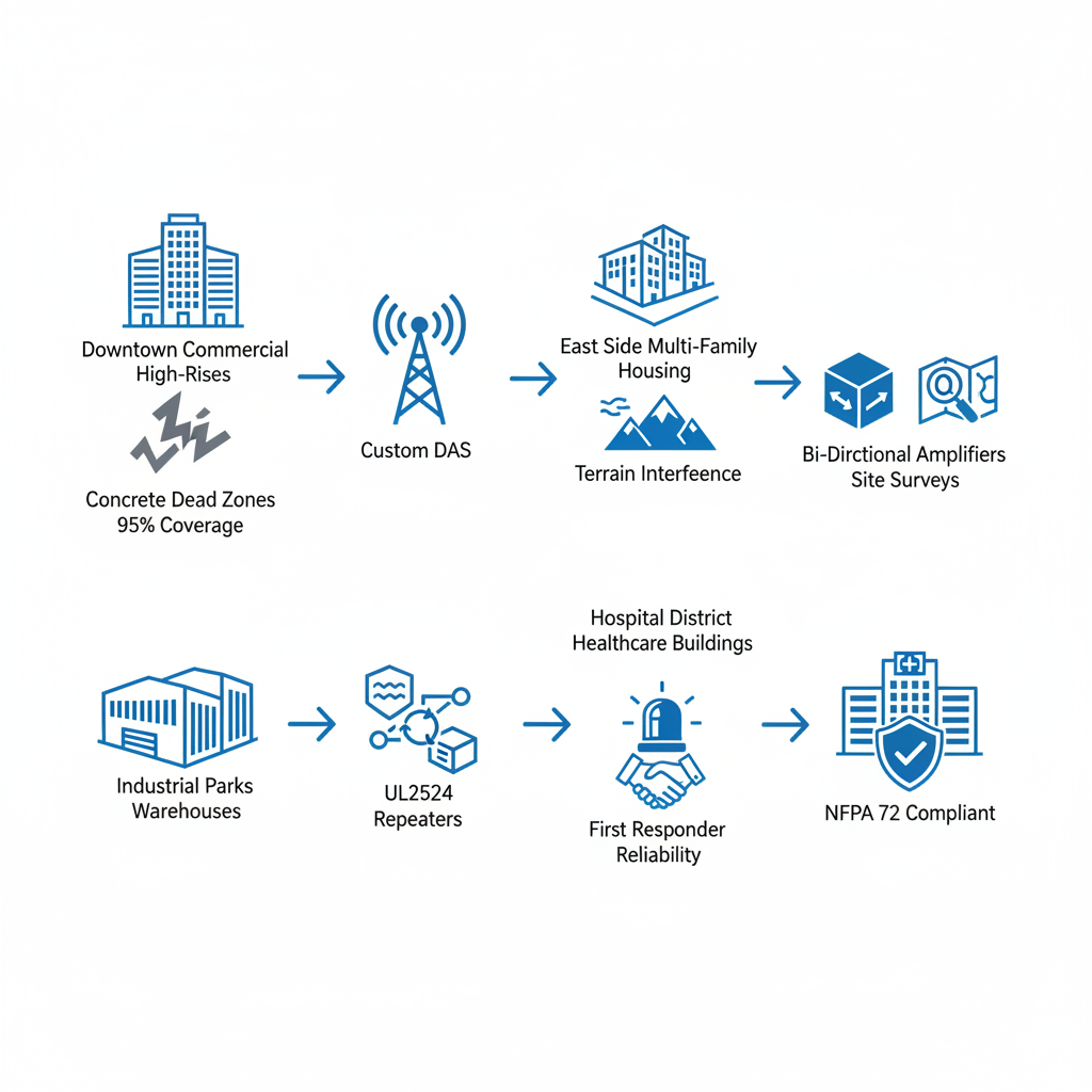 Infographic grid comparing BDA coverage challenges and solutions in Idaho Falls neighborhoods including downtown, east side, industrial parks, and hospital district.