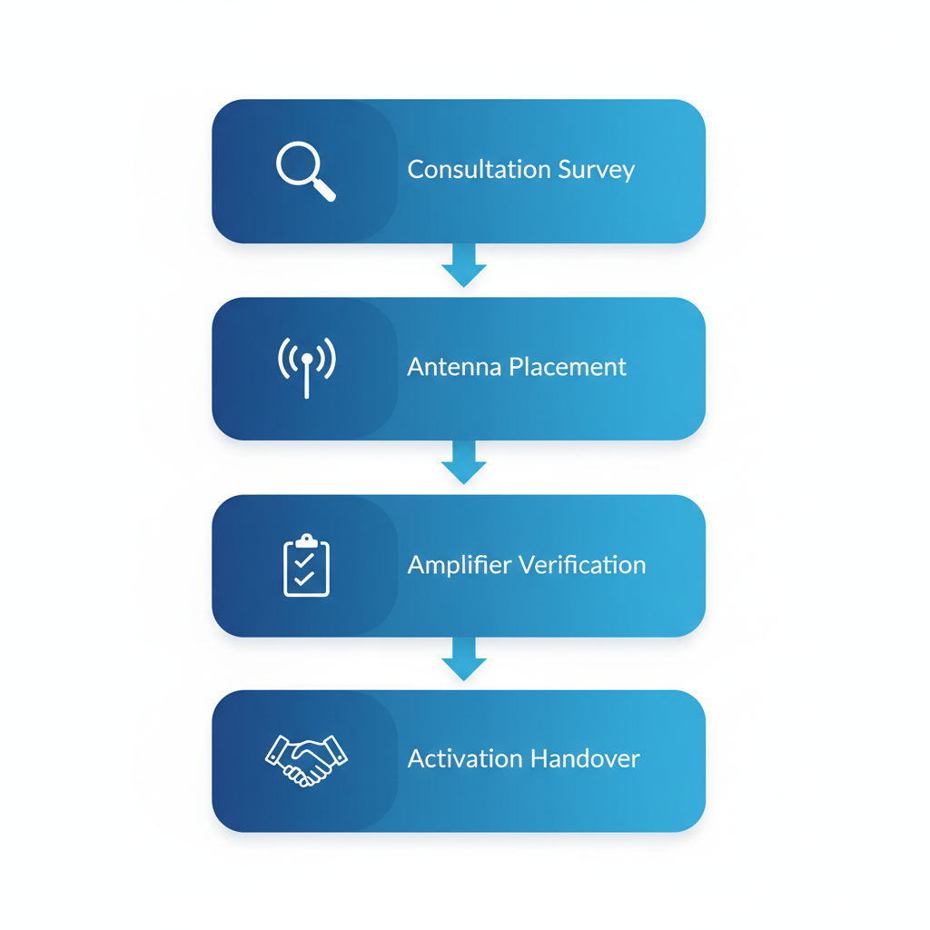 Vertical process flow diagram illustrating the five stages of BDA system installation: initial consultation and site survey, donor antenna placement, amplifier tuning and distribution, testing and verification, and activation and handover.