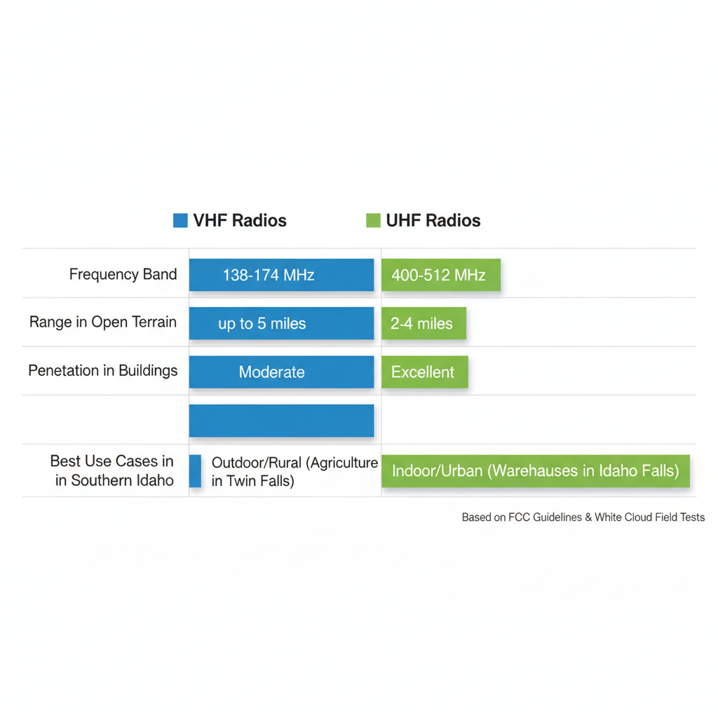 Horizontal bar chart comparing VHF and UHF radios by frequency, range, building penetration, and use cases in Southern Idaho