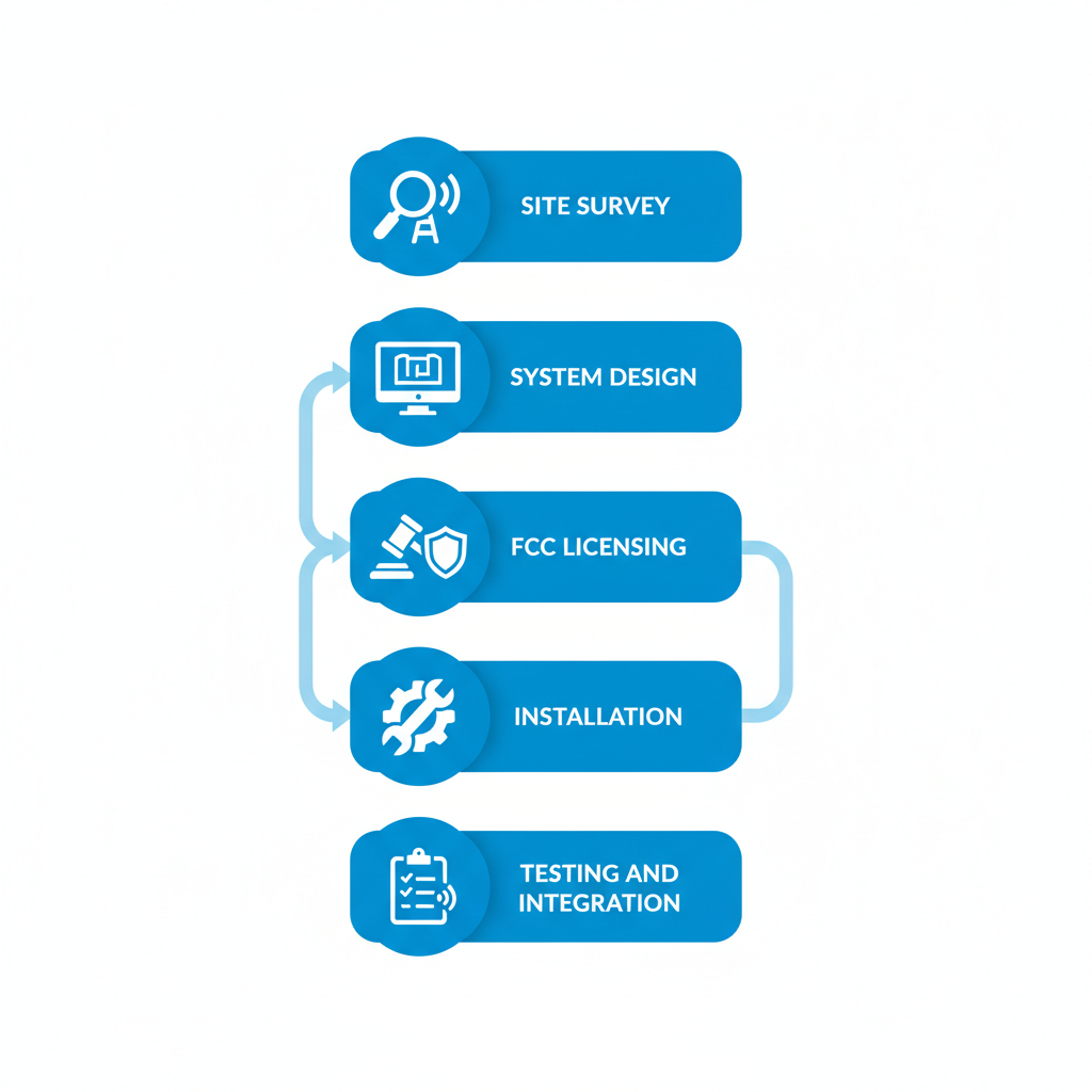 Vertical process flow diagram showing five steps for installing digital UHF radio systems: site survey, system design, FCC licensing, installation, and testing.