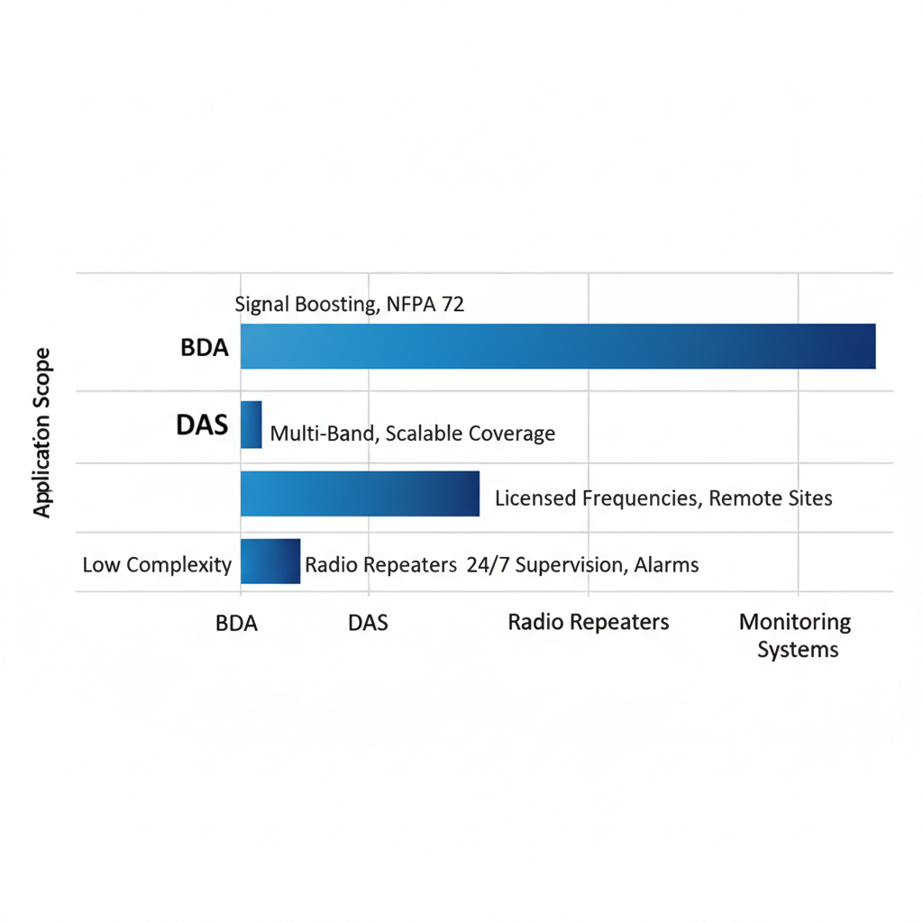 Horizontal bar chart comparing ERRCS components BDA, DAS, Radio Repeaters, and Monitoring Systems by application complexity.