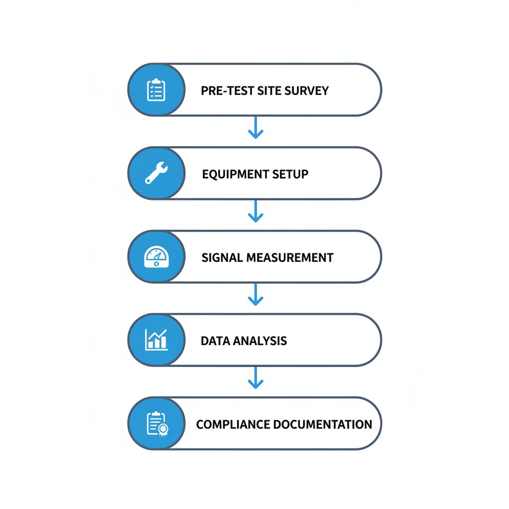 Vertical process flow diagram showing five steps of ERRCS testing: site survey, equipment setup, signal measurement, data analysis, and compliance documentation with icons and brief labels
