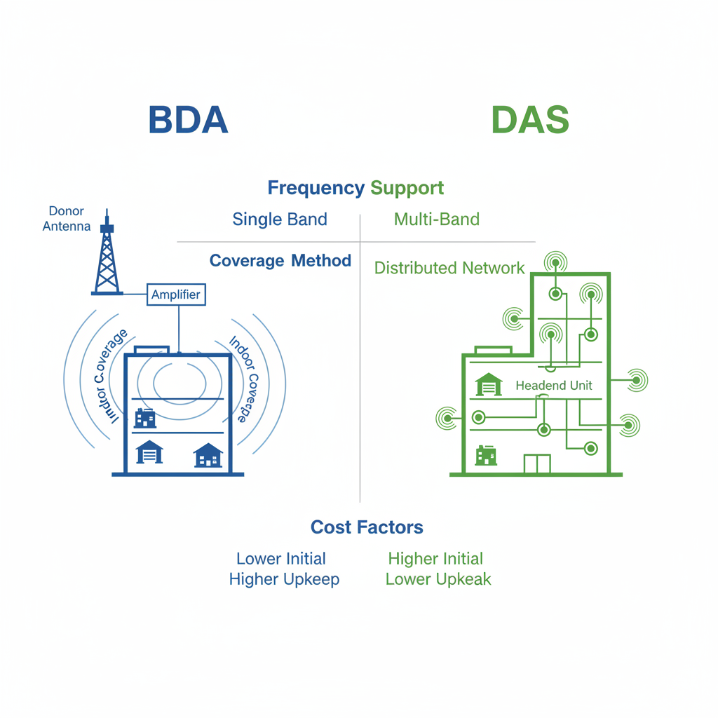 Infographic comparing Bi-Directional Amplifier (BDA) and Distributed Antenna System (DAS) for in-building emergency radio communications with icons and key differences.