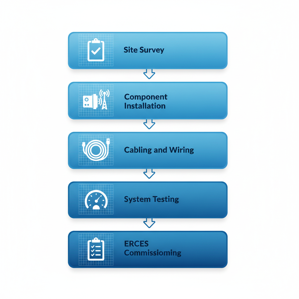 Vertical process flow diagram outlining BDA and DAS installation steps in Idaho buildings