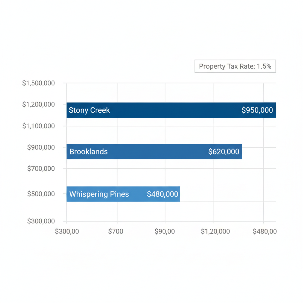 Horizontal bar chart of median home prices in Rochester Hills neighborhoods including Stony Creek, Brooklands, and Whispering Pines, with property tax inset