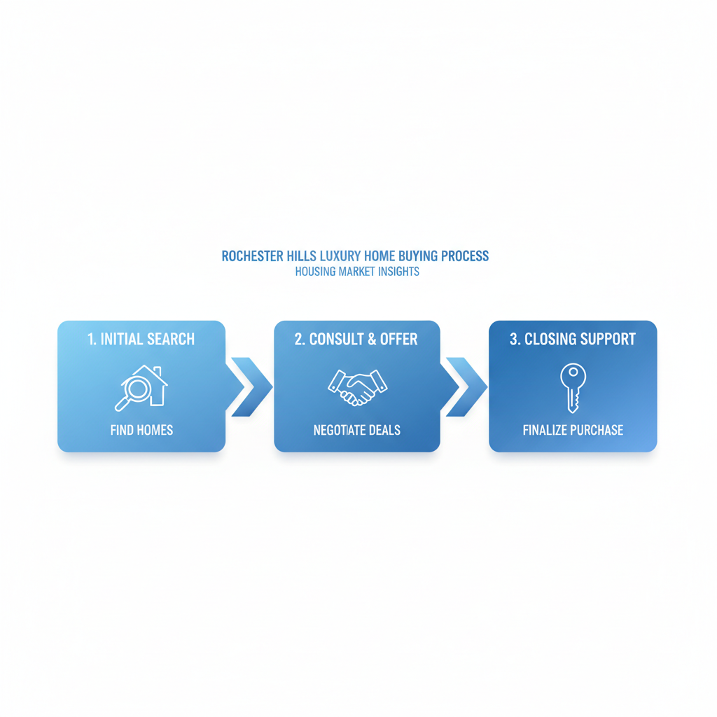 Horizontal process flow diagram illustrating three stages of luxury home buying in Rochester Hills