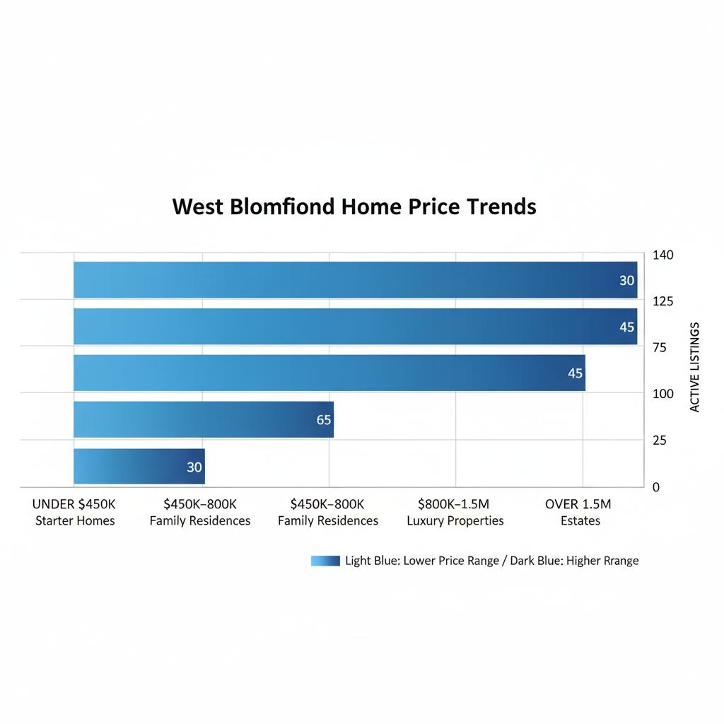 Horizontal bar chart illustrating average home prices and active listings in West Bloomfield, Michigan by price ranges