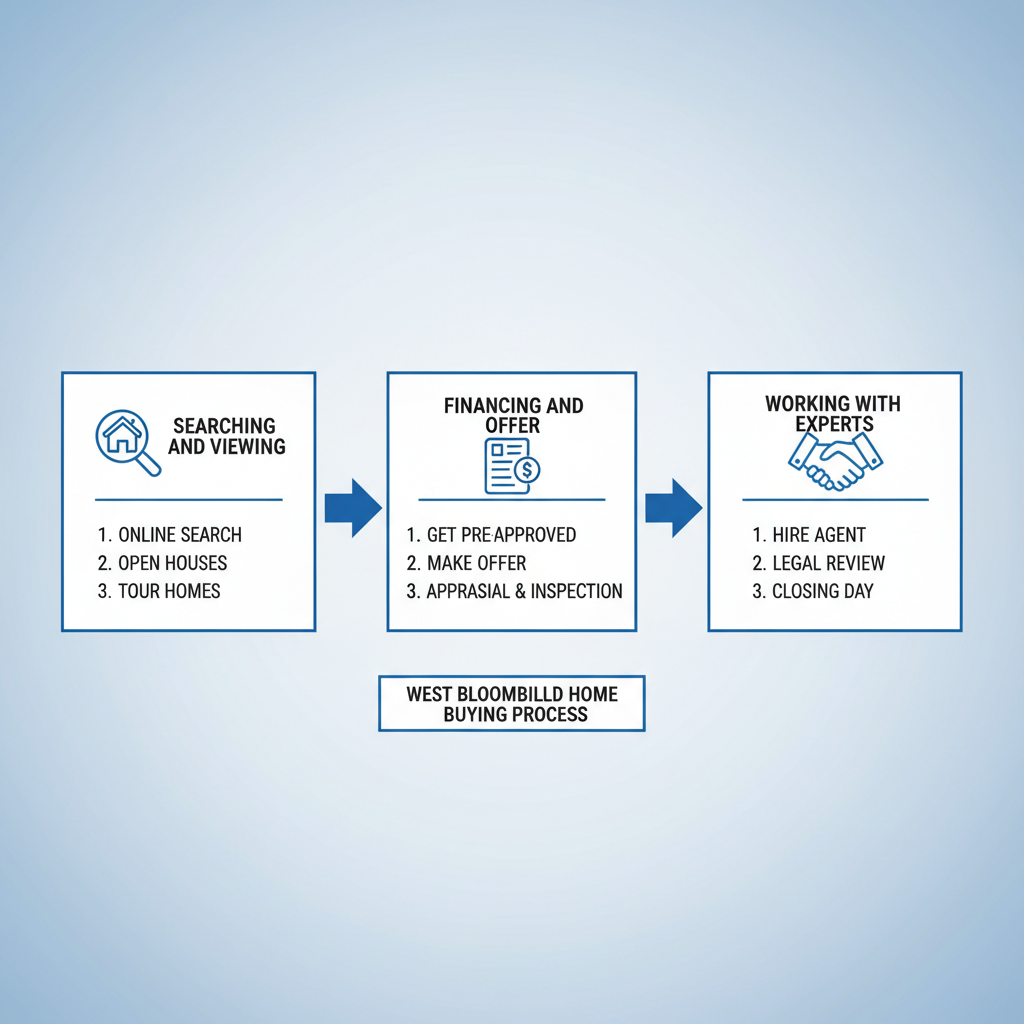 Horizontal process flow diagram showing three steps to buy a home in West Bloomfield: searching and viewing, financing and offer, working with experts.