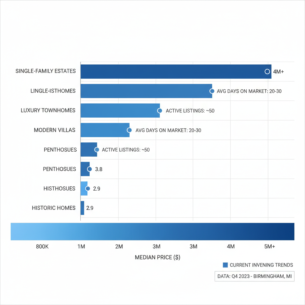 Horizontal bar chart illustrating Birmingham MI real estate inventory and pricing trends by property type