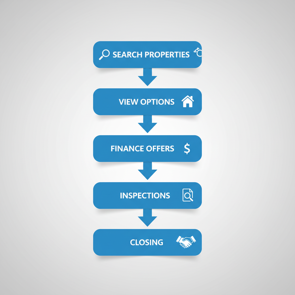 Vertical process flow diagram showing five stages of luxury home buying in Birmingham: search properties, view options, finance offers, inspections, and closing.