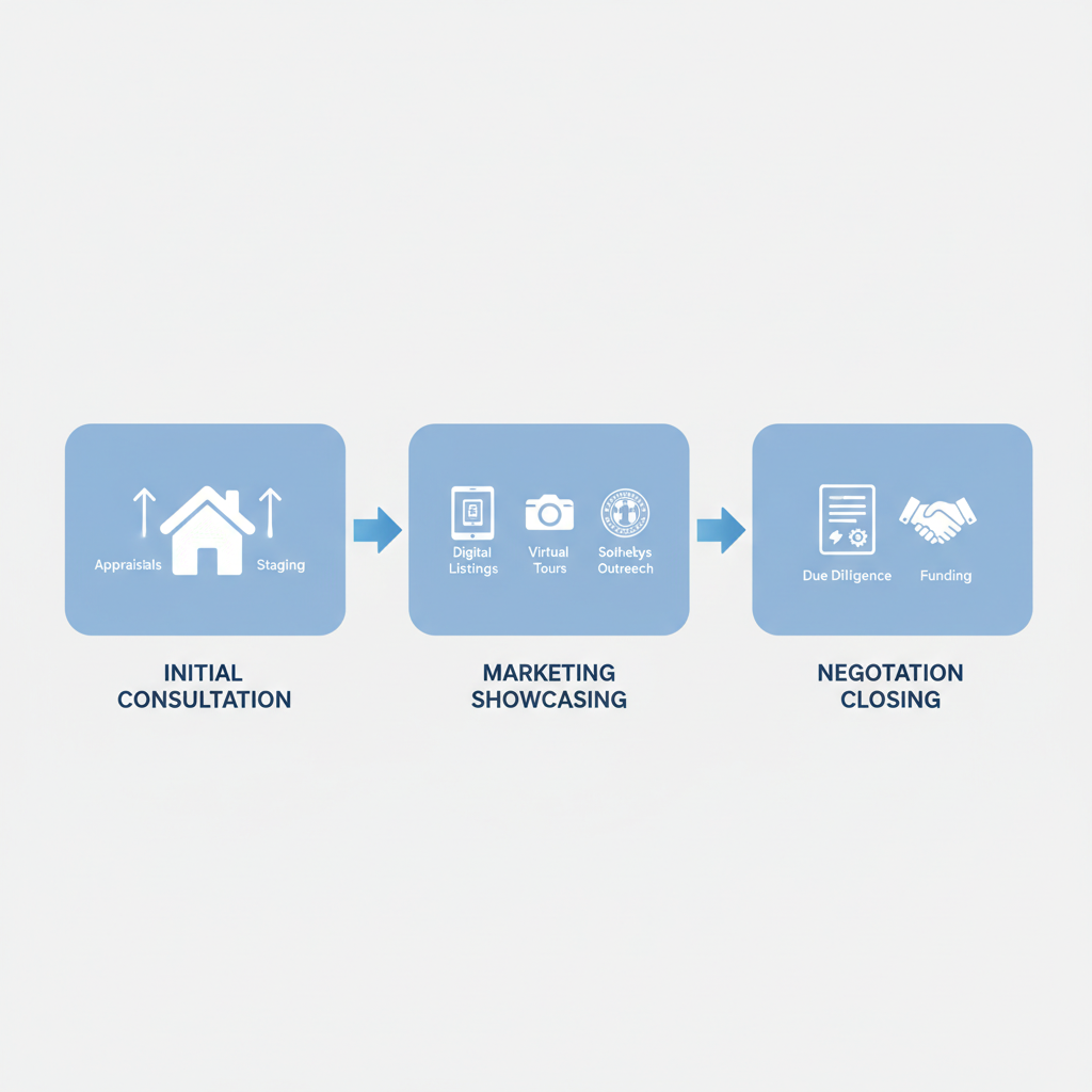 Horizontal process flow diagram illustrating three key stages of luxury real estate transactions in Birmingham with icons and arrows