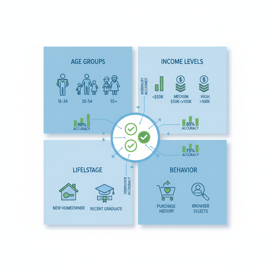 Infographic illustrating consumer mailing list segmentation by age, income, lifestage, and behaviors with verification process