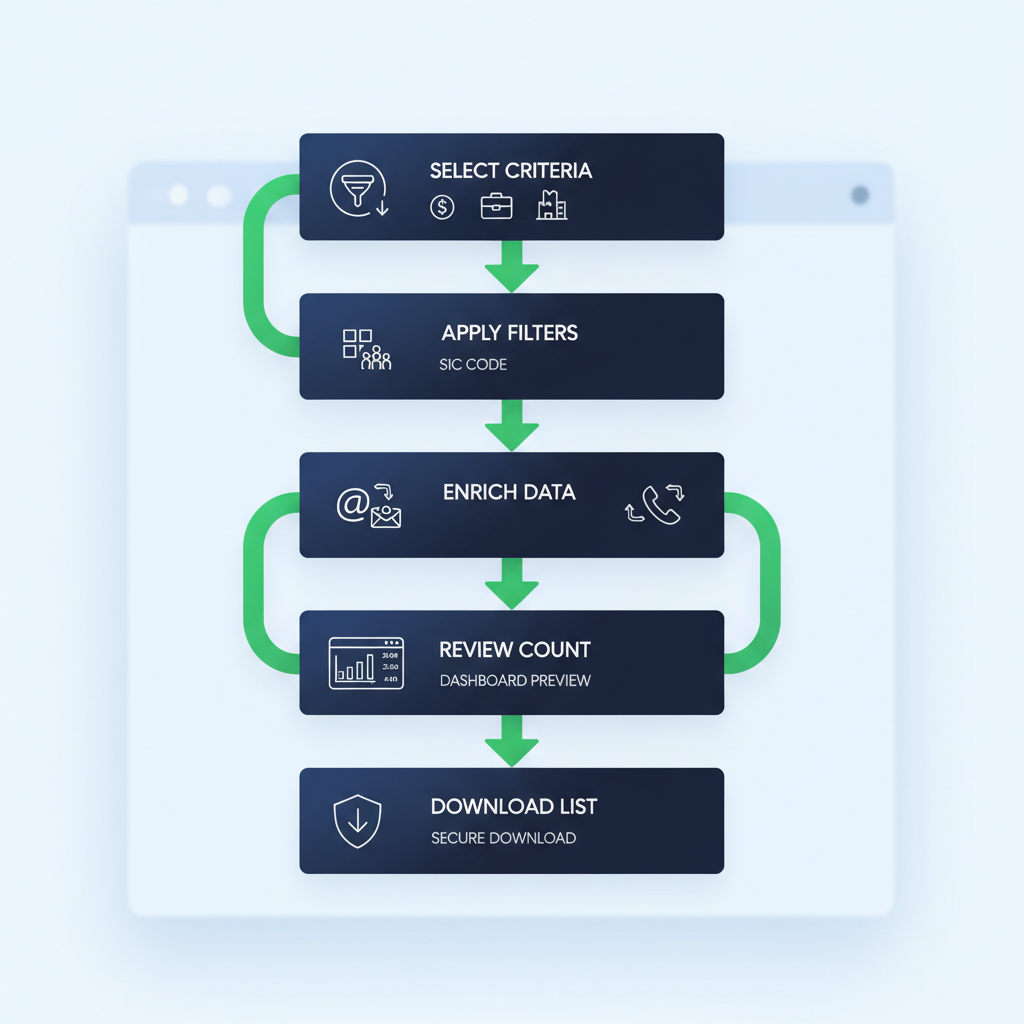 Visual diagram of the five-step process to build customizable business mailing lists for B2B marketing